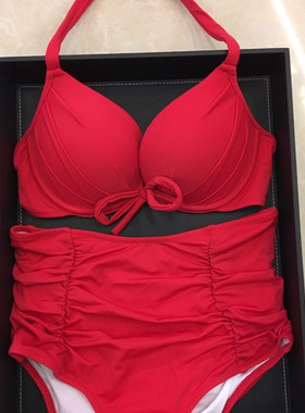 性感高腰泳衣黑色红色分体泳衣遮肚子小胸显大托胸聚拢比基尼女