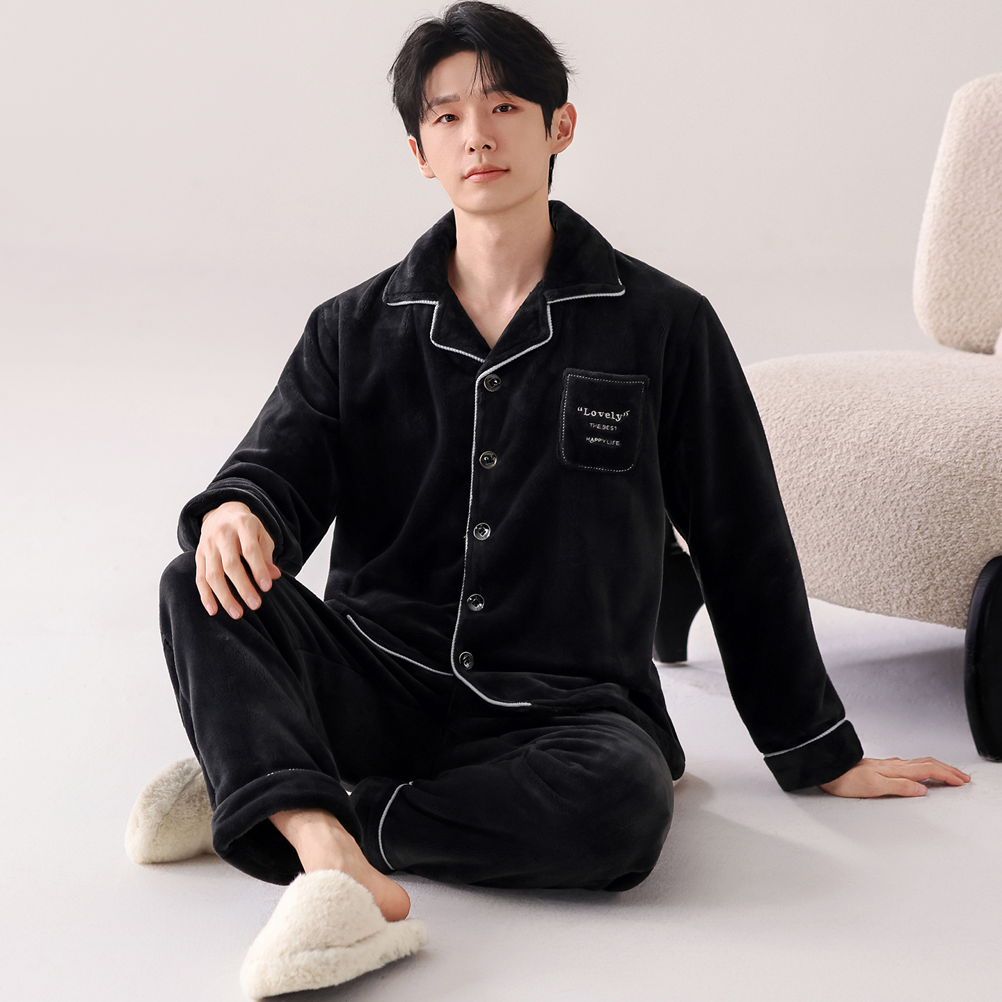 男士珊瑚绒睡衣秋冬季加厚加绒保暖开衫男款大码法兰绒家居服套装