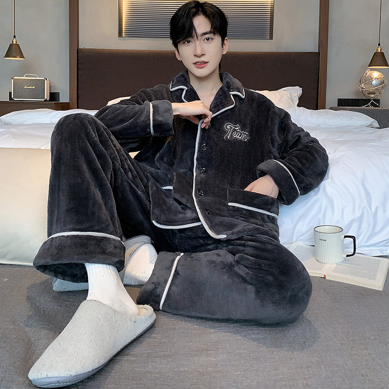 热卖男士睡衣珊瑚绒加厚保暖套装