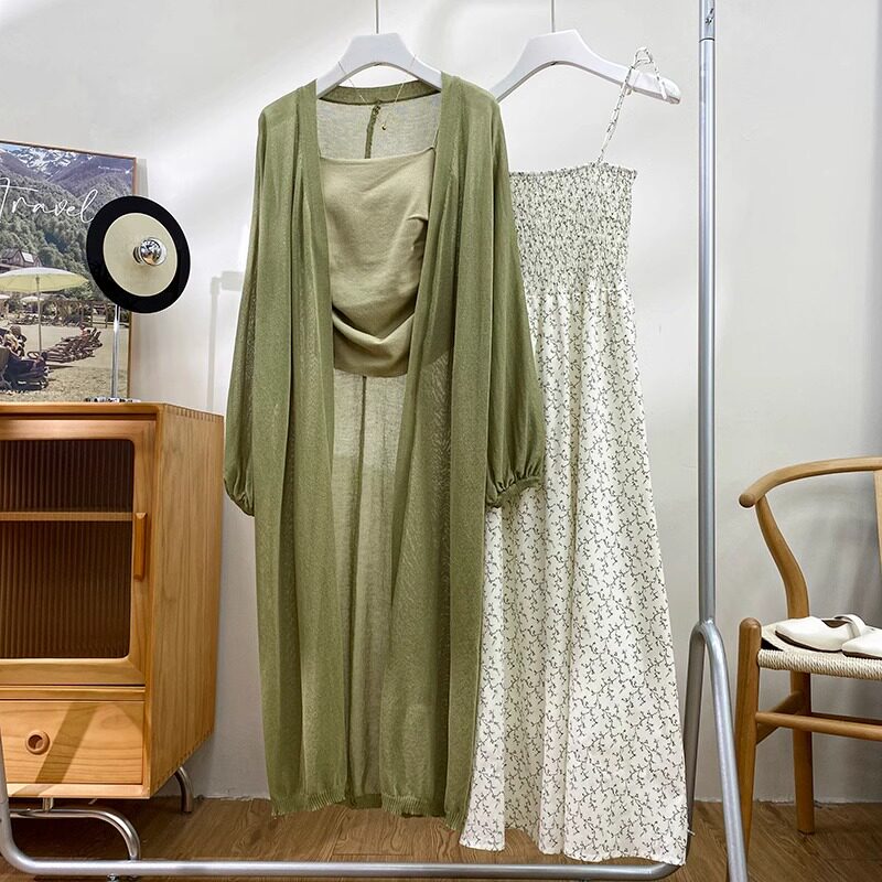 thumbnail for French slouchy loose knit light shawl smock summer midi over-the-knee ice silk cardigan top