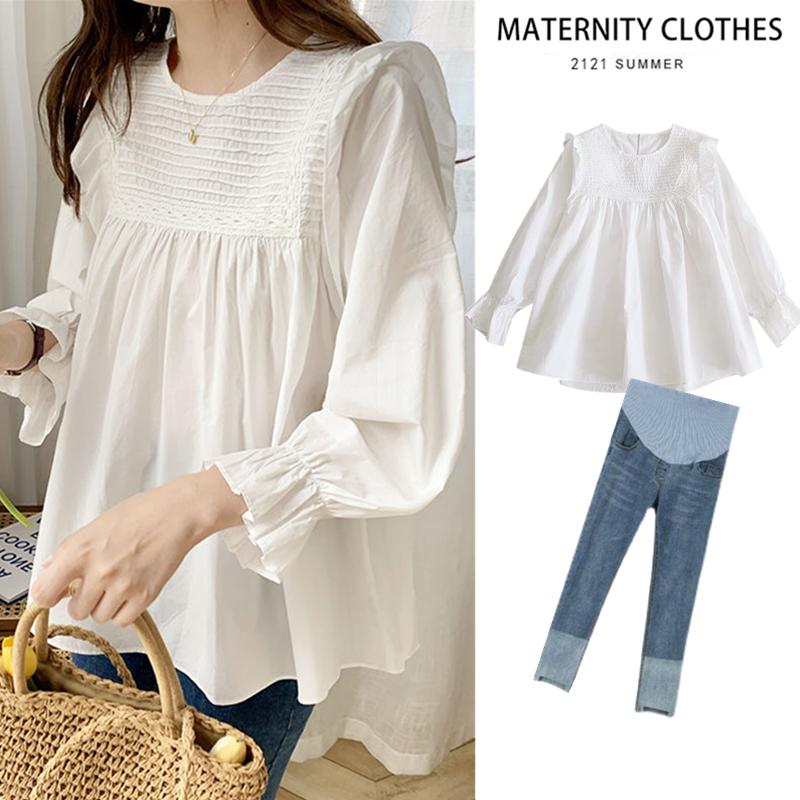 출산복 봄 가을 신상 온라인 연예인 패션 한국식 긴팔 루즈핏은 임신을 보여주지 않고 초가을 옷차림을 가리는다