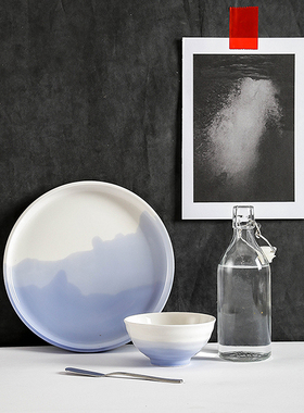 北欧创意渐变盘子菜盘家用餐盘陶瓷碗碟套装西餐盘牛排盘早餐盘