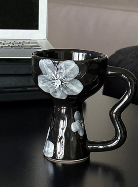 时常复古异型陶瓷高脚杯马克杯不规则手绘水杯小众高级感咖啡杯子