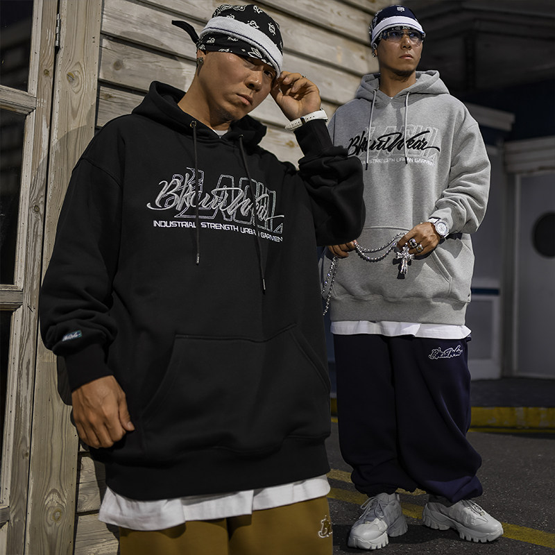BLACUL字母刺绣卫衣男美式复古街头嘻哈hiphop宽松肥大加绒连帽衫