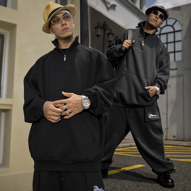 BLACUL 重磅半拉链中领卫衣男美式复古拼接休闲加绒上衣秋冬外套