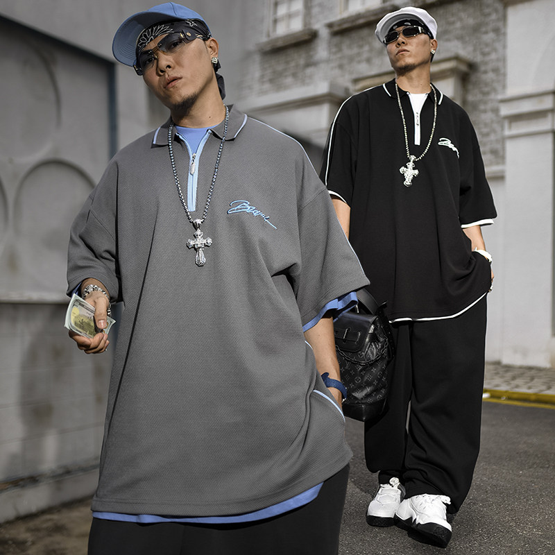 BLACUL撞色半拉链POLO衫男美式复古HipHop嘻哈宽松肥大休闲短袖夏