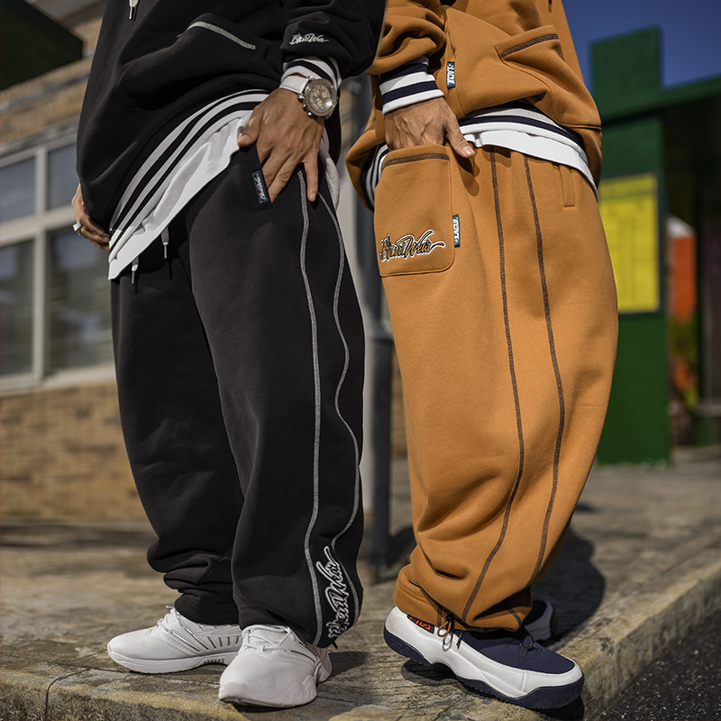 BLACUL刺绣拼色卫裤男肥大宽松街头嘻哈hiphop街舞套装休闲裤加绒