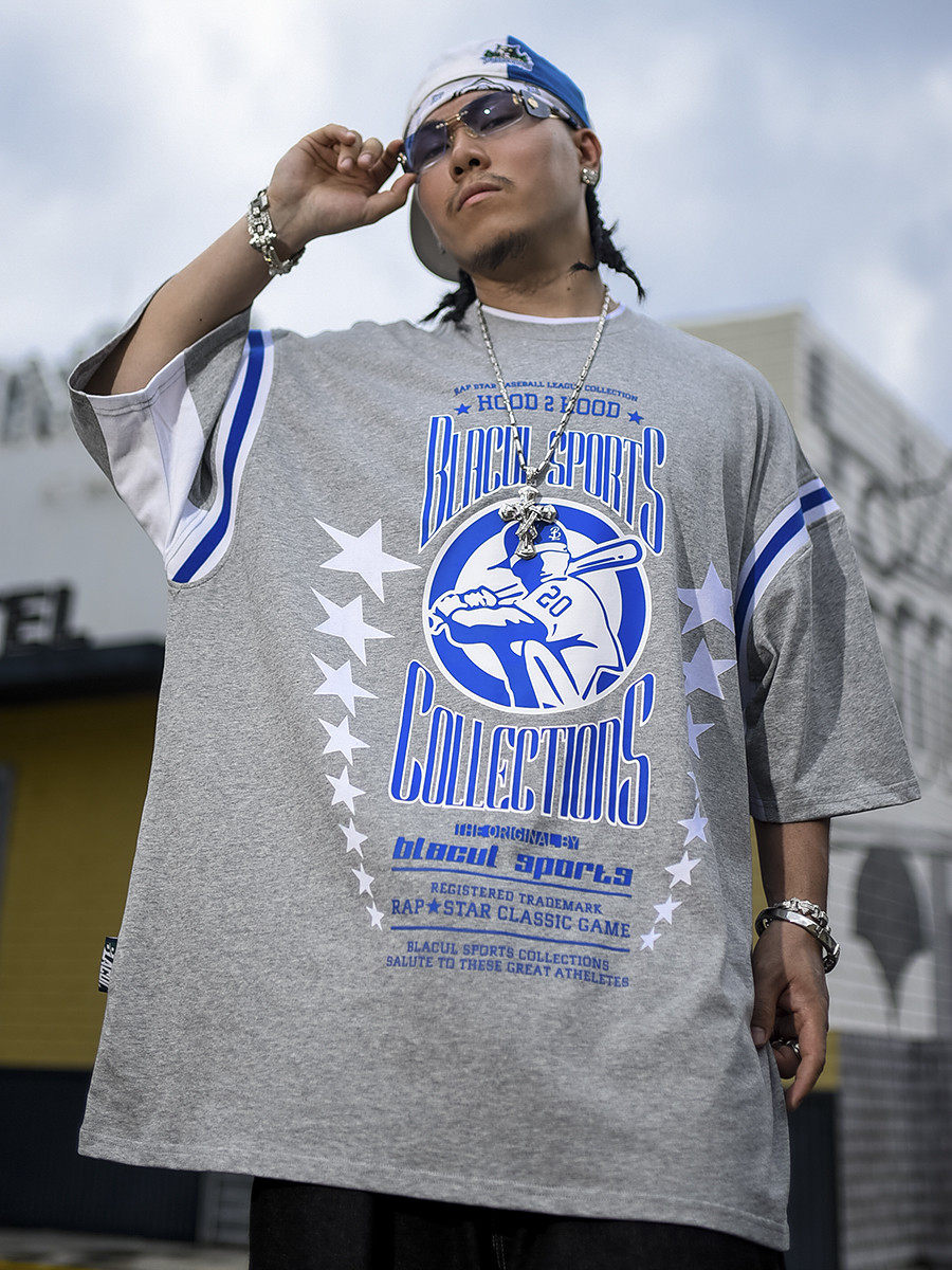 BLACUL 复古撞色拼接棒球联盟印花短袖T恤男美式嘻哈宽松肥大半袖