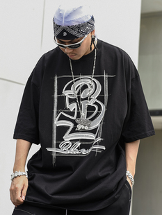 T恤男夏美式 街头嘻哈hiphop宽松肥大半袖 手绘字母印花短袖 BLACUL