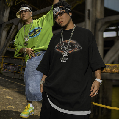 BLACUL做旧字母印花短袖T恤男tee休闲美式街头宽松肥大嘻哈半袖夏