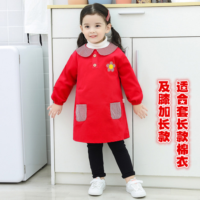 中长款大码及膝女宝宝罩衣红灯芯绒秋冬加长款婴儿童反穿衣吃饭衣