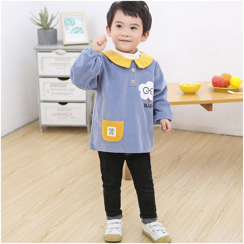 秋冬儿童罩衣长袖灯芯绒防水防脏男宝宝围衣反穿衣上衣外套吃饭衣