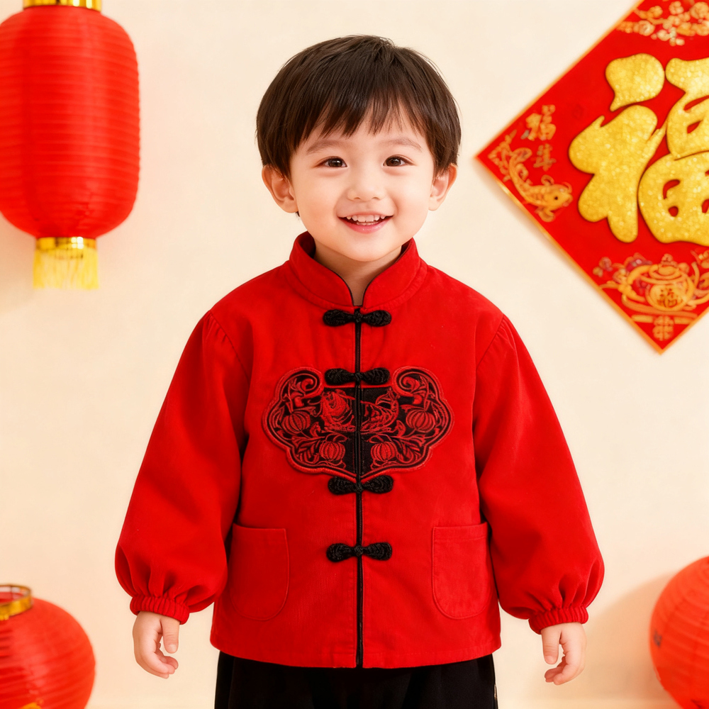 中国风宝宝唐装罩衣灯芯绒红色