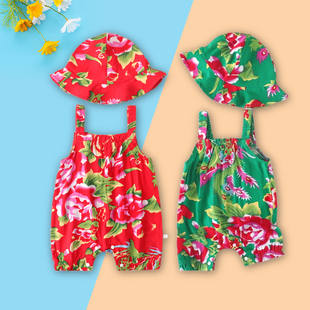 男女宝宝满月百天婴儿带帽子东北大花吊带哈衣夏季绵绸薄款连体衣