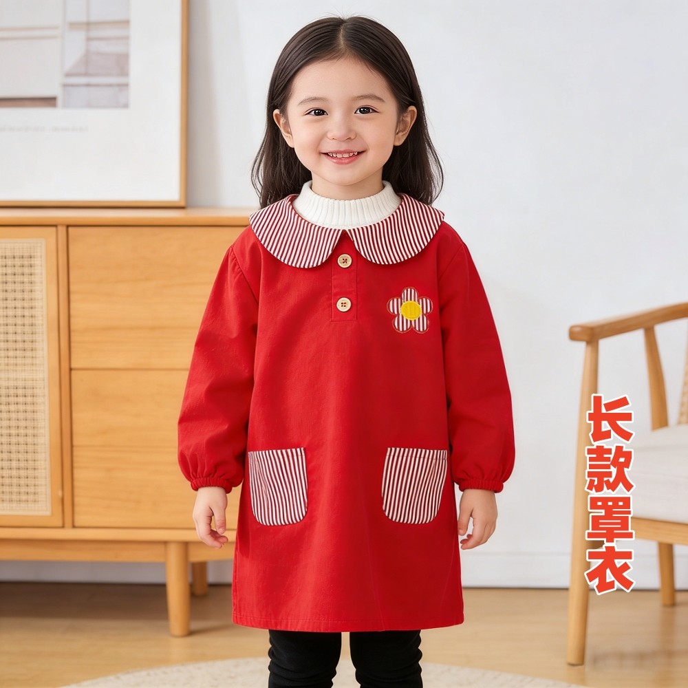 中长款及膝女宝宝罩衣红灯芯绒大码秋冬加长袖婴儿童反穿衣吃饭衣