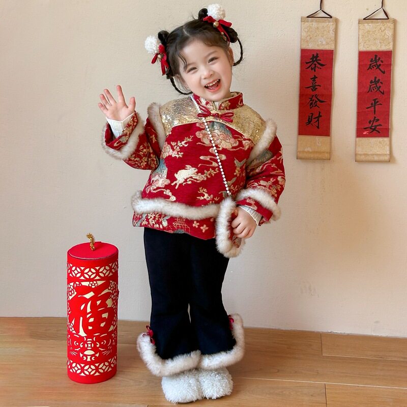 宝宝棉服加厚拜年国风外出两件套中式女宝套装周岁礼服婴儿冬装