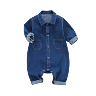 婴儿牛仔连体衣春秋薄款外套男女宝宝哈衣微弹力长袖爬服可开裆潮