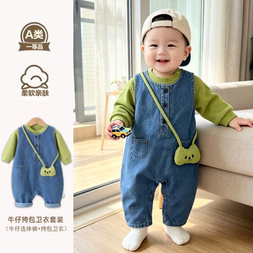 婴幼儿韩版套装外出服牛仔男女宝宝卫衣连体裤两件套春秋款不带帽
