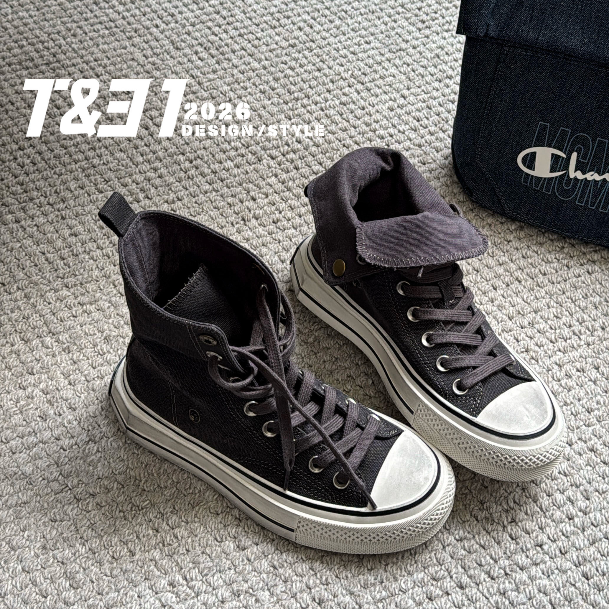 T31女鞋2026秋季新款复古风高帮帆布鞋女厚底增高系带板鞋休闲鞋