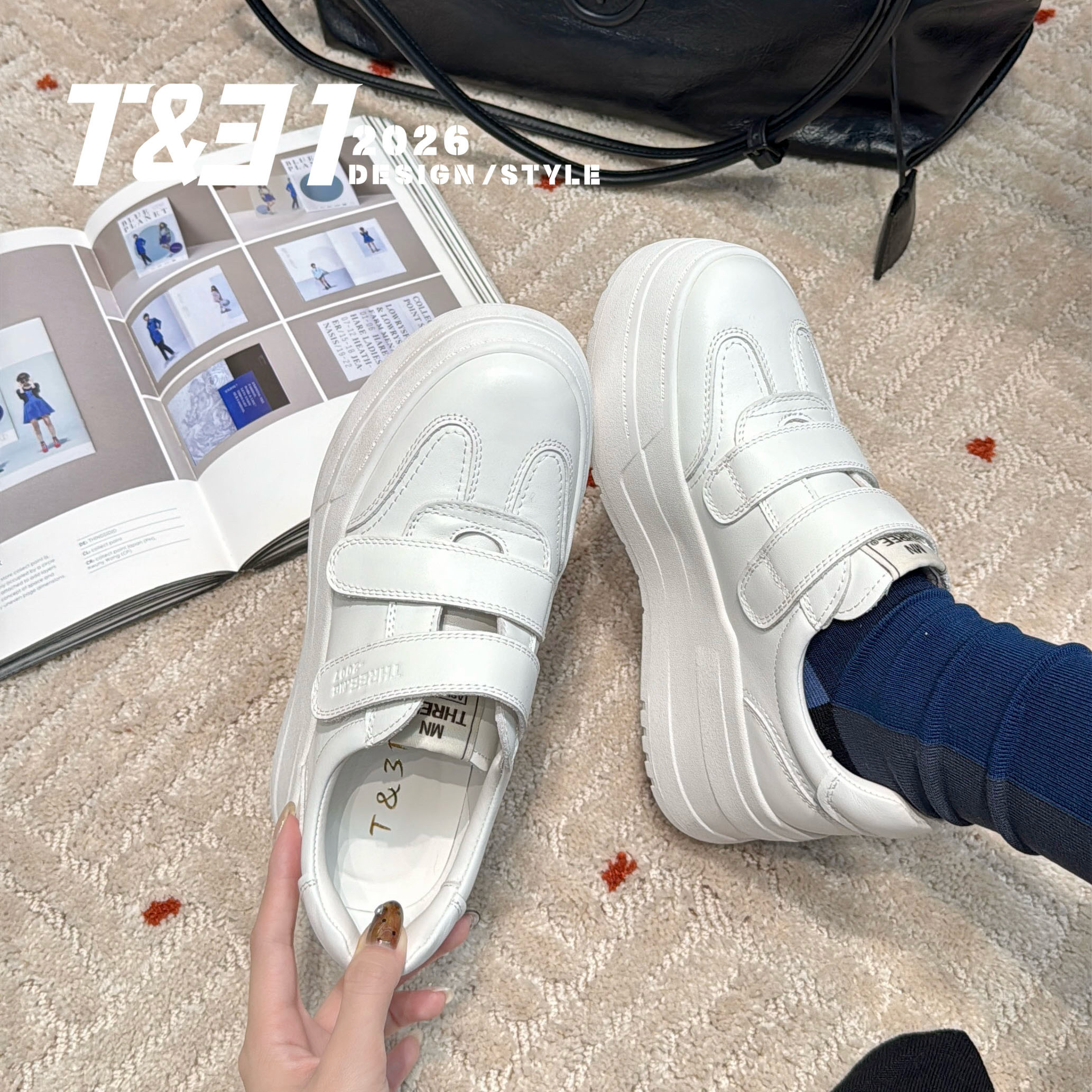 T31女鞋2026秋季新款魔术贴厚底7公分小白鞋百搭小个子休闲板鞋女