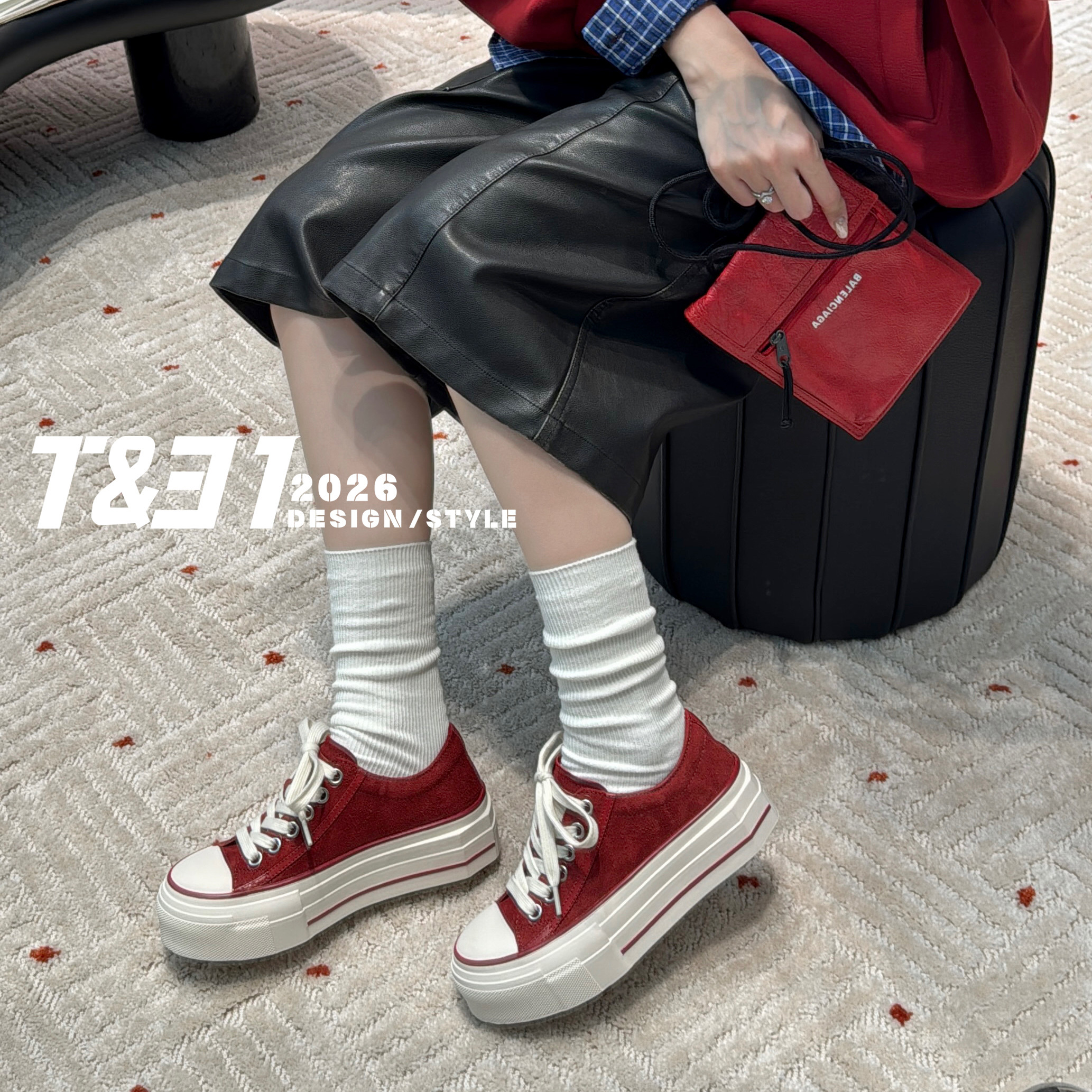 T31女鞋2026秋季新款磨砂真皮时尚厚底板鞋增高系带低帮休闲鞋女