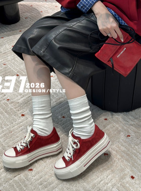 T31女鞋2026秋季新款磨砂真皮时尚厚底板鞋增高系带低帮休闲鞋女