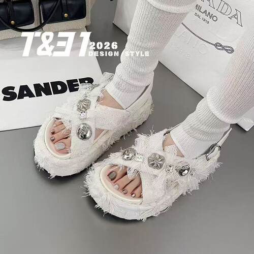 T31女鞋2026夏季流苏厚底防滑凉鞋女水钻装饰休闲增高6公分拖鞋女