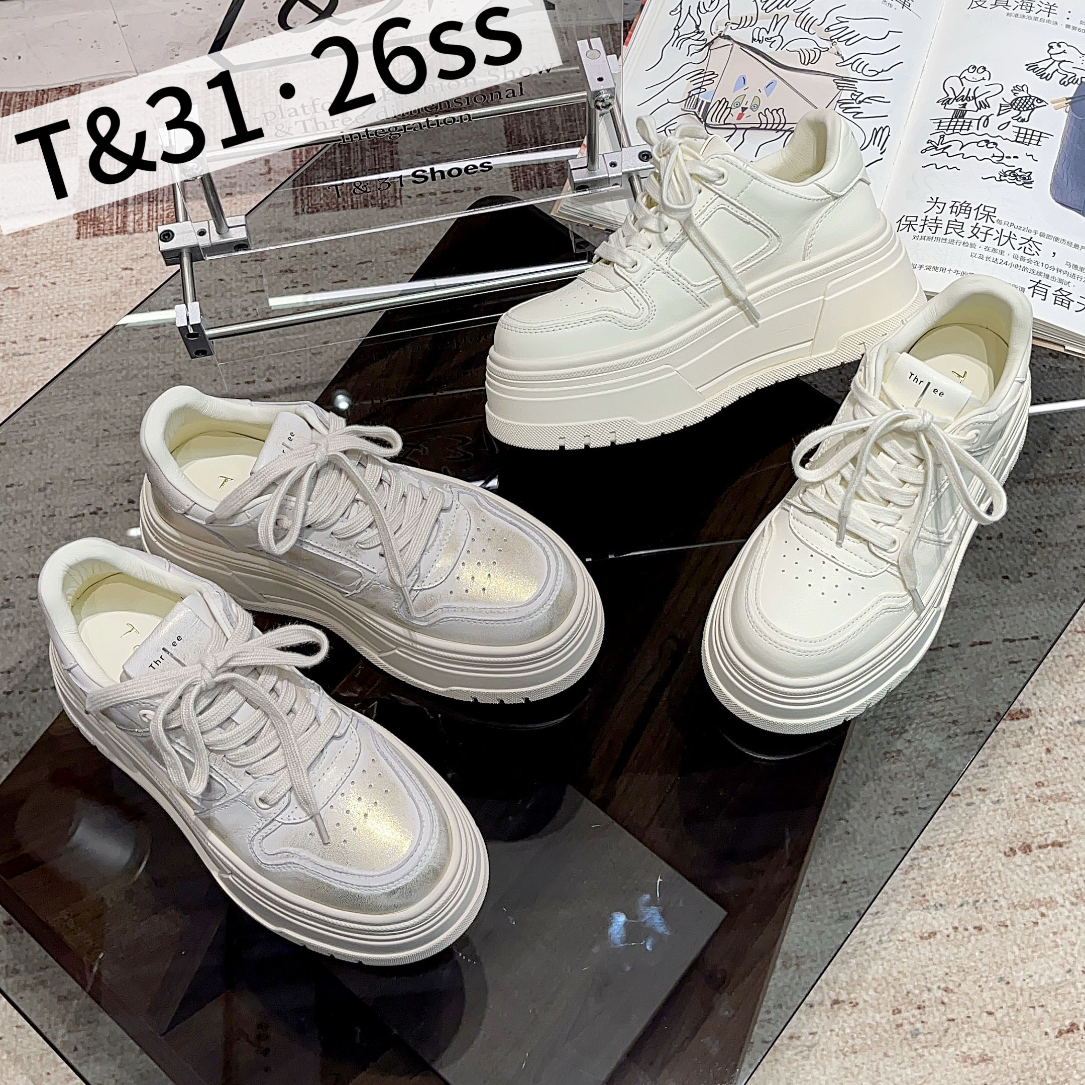 T31女鞋2026秋季新款厚底7cm板鞋擦色休闲小白鞋系带显高百搭舒适图片