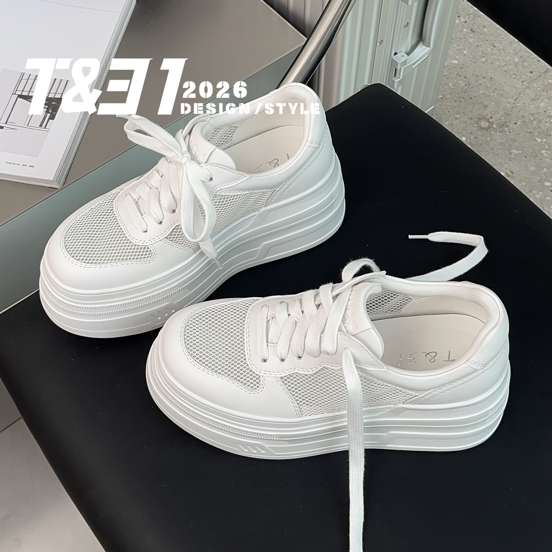 T31女鞋2026年夏季新款透气网面厚底小白鞋女系带休闲百搭面包鞋