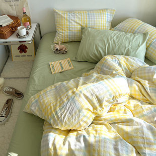 ins奶黄小方格床单四件套夏天北欧被单被罩床上三件套宿舍床笠款