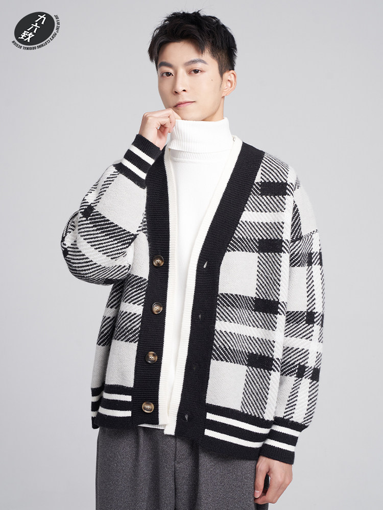 JIULIUZHI 원래 가을 느슨한 두꺼운 복고풍 격자 무늬 남성 스웨터 카디건 유행 캐주얼 긴팔 스웨터