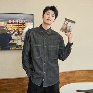 男高级感通勤长袖 九六致原创设计春季 黑色牛仔衬衫 300g 衬衣 修身