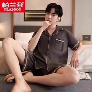 帕兰朵睡衣男夏季纯棉短袖短裤开衫薄款加肥加大码休闲家居服套装