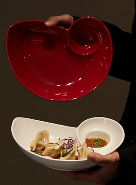 JM 9寸海螺深盘 陶瓷分格盘家用2026新款饺子盘带醋碟高级感餐具