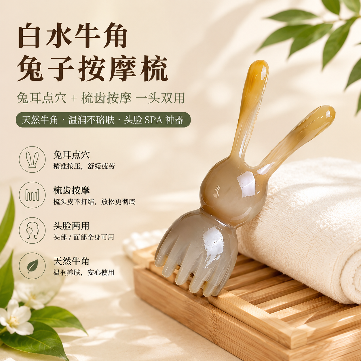 眼部按摩牛角兔子莲蓬按摩梳脸部按摩按摩眼部脸部牛角雕刻按摩梳