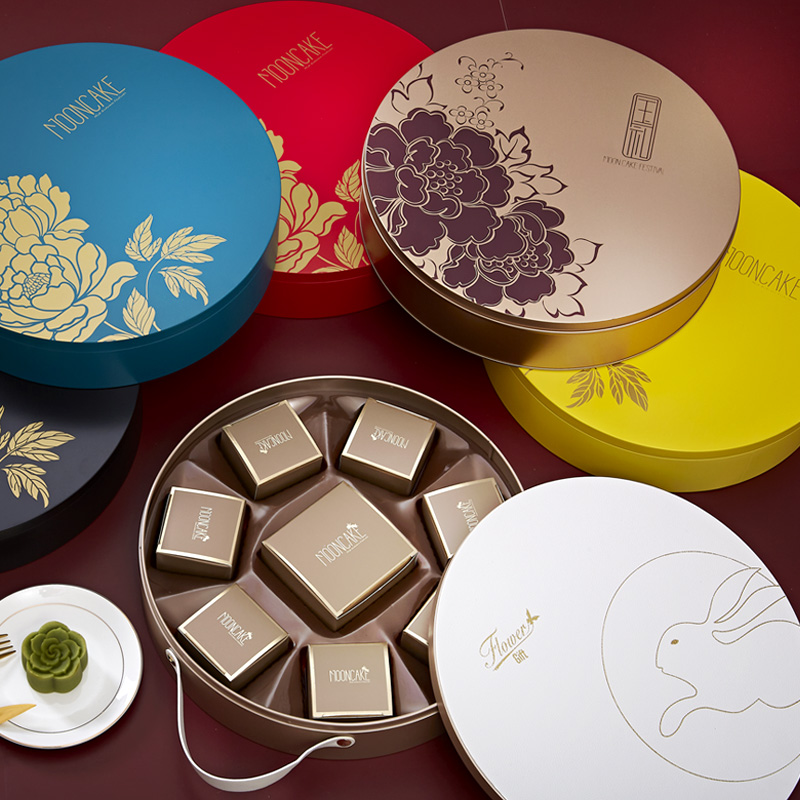 中秋仿皮圆铁盒4粒6粒1/2/3/4斤大月饼托包装高档酒店伍仁罐定制