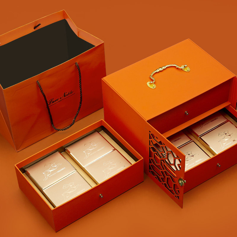 金属铁手提双层雕刻花窗高档中秋礼品包装盒6粒8粒装红色橙色定制