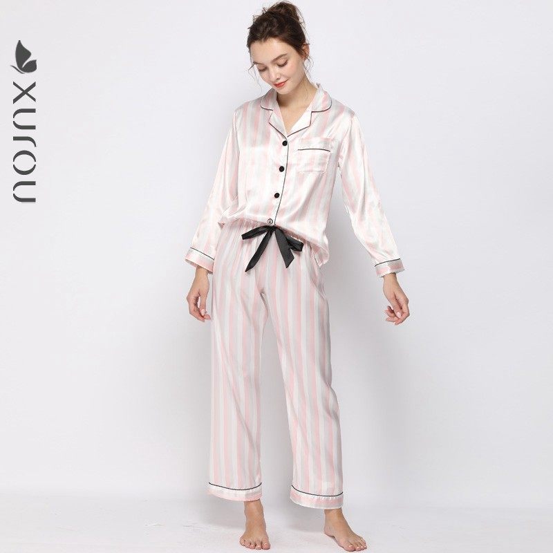 睡衣女春秋季长袖薄款两件套装仿真丝绸条纹学生休闲冰丝家居服冬