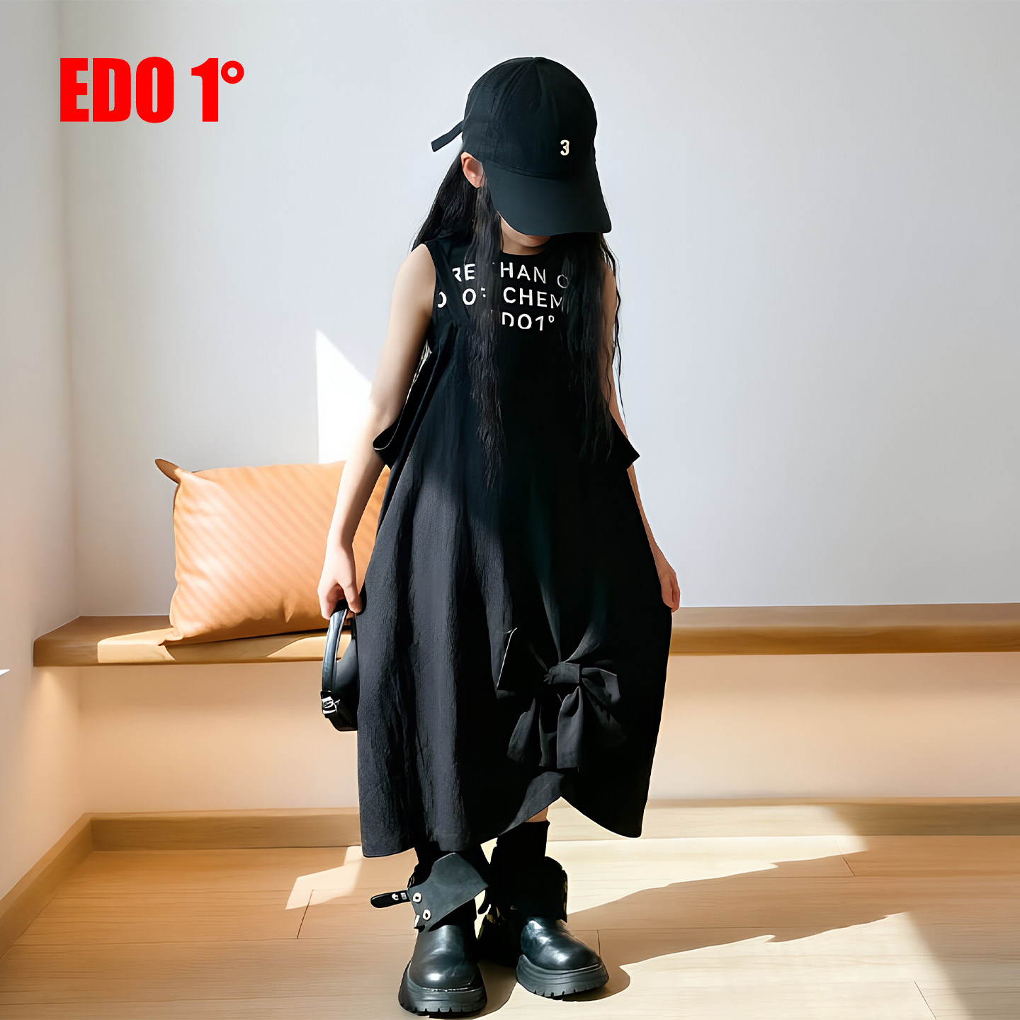 edo1一度26春夏新款黑色无袖背心连衣裙女童收腰长款百搭背带裙潮