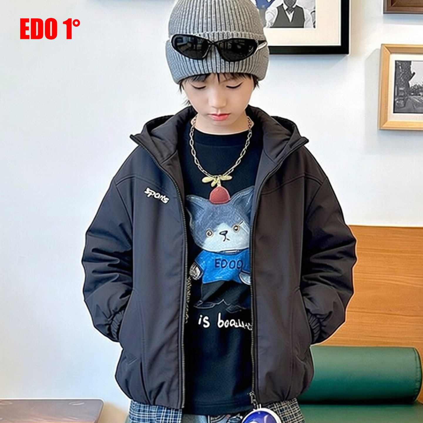 edo一度童装秋户外保暖连帽棉服