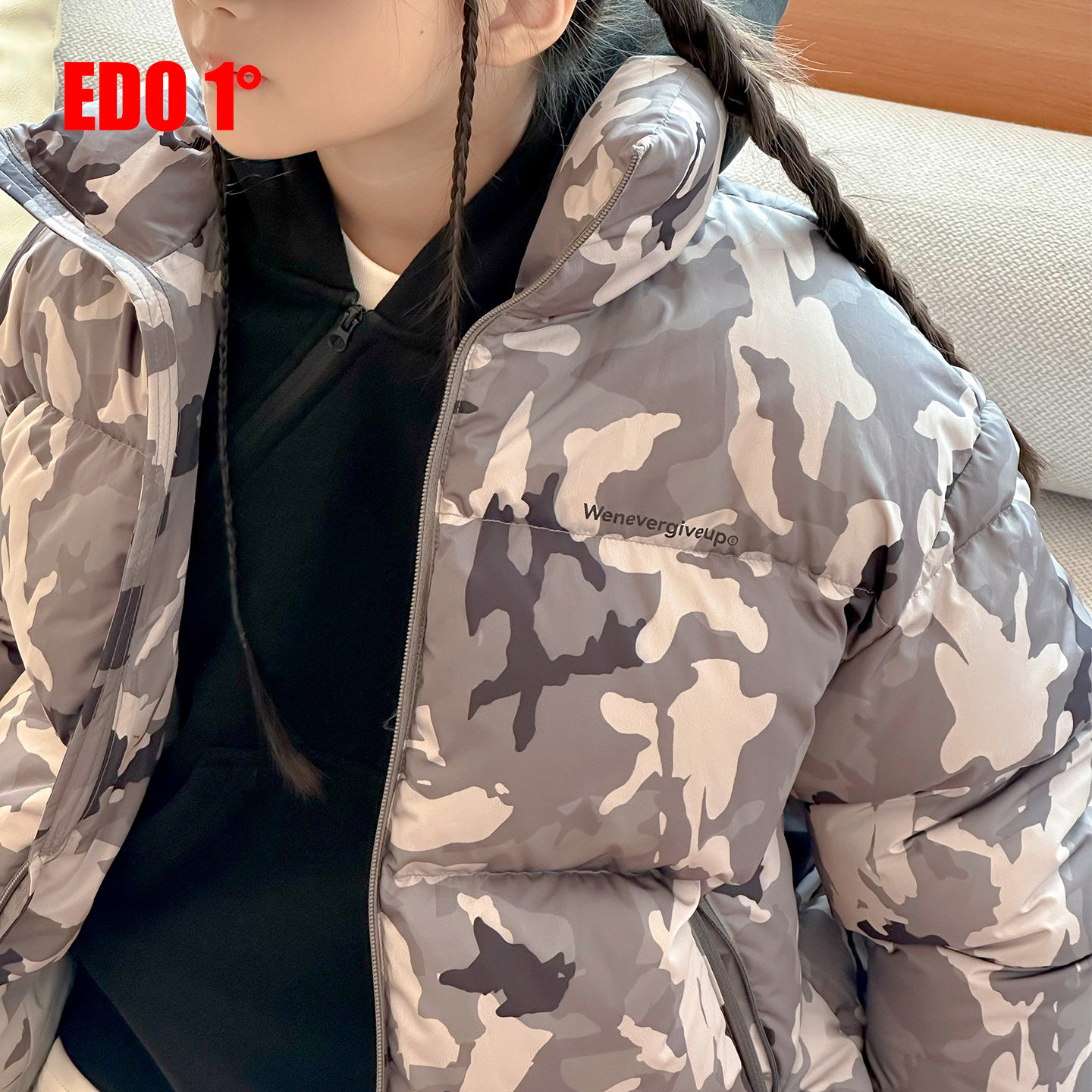 edo1一度童装26冬季保暖羽绒服儿童立领迷彩面包服户外运动风外套