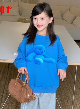 edo1一度童装25年秋新款男女童宽松卫衣儿童克莱因蓝色圆领卫衣