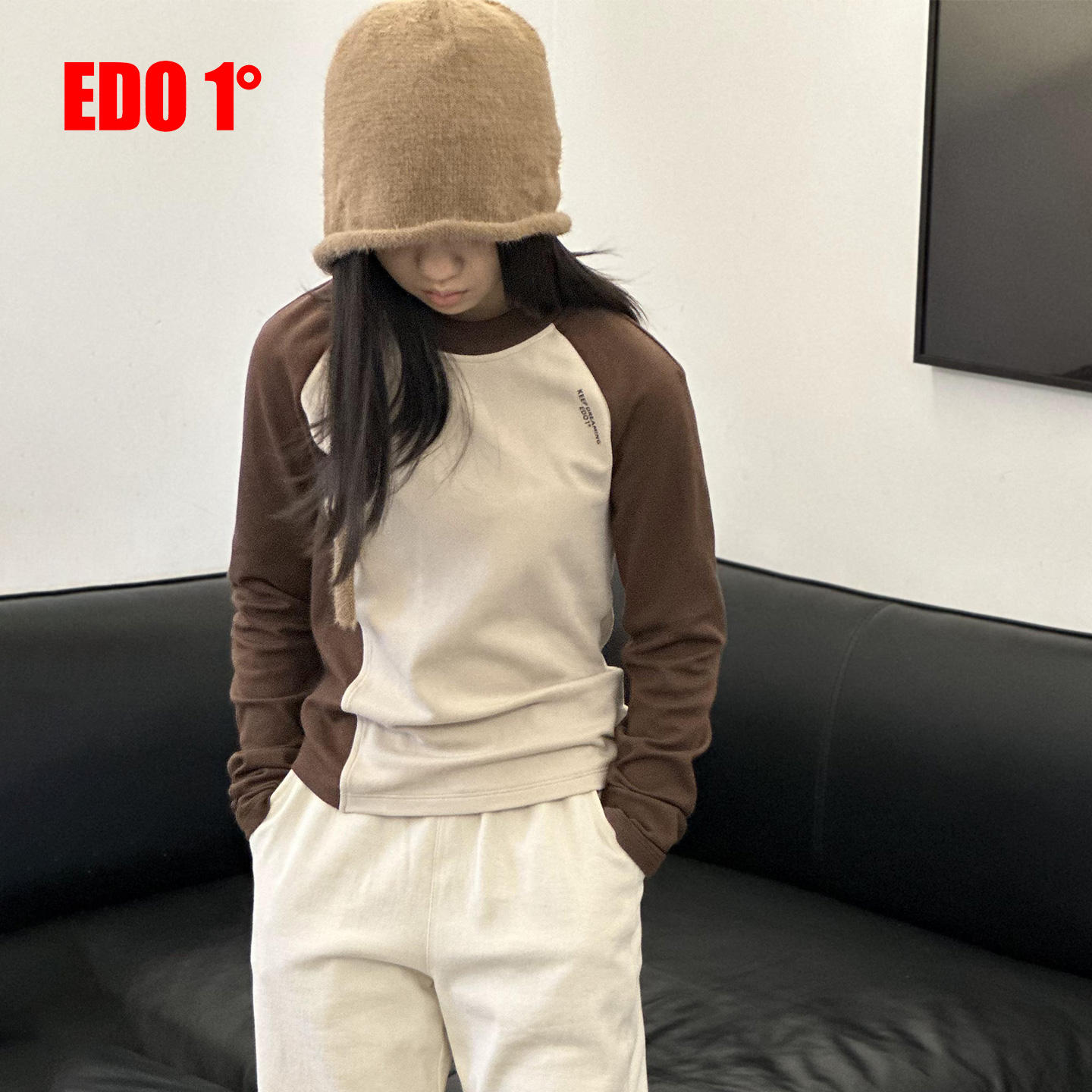 edo一度圆领休闲长袖撞色T恤衫