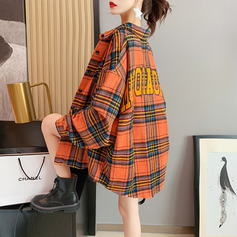 时尚衬衫外套女宽松韩版设计感中长款百搭秋冬长袖格子衬衣外穿潮