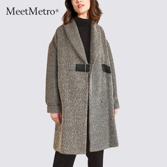 MeetMetro2019冬新款毛呢外套女中长款时尚斜纹羊毛加厚呢子大衣