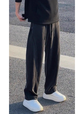 黑灰色镰刀卫裤男款重磅宽松休闲阔腿弯刀裤美式复古直筒香蕉裤子