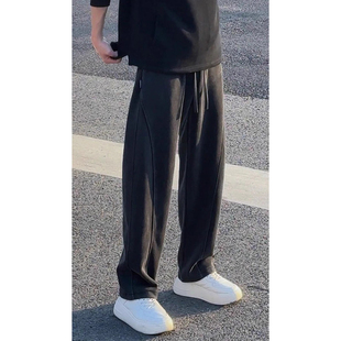 复古直筒香蕉裤 黑灰色镰刀卫裤 美式 重磅宽松休闲阔腿弯刀裤 子 男款