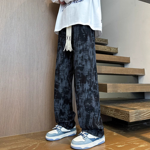 炸街潮牌潮流青少年宽松直筒裤 美式 2025新款 男秋季 子 扎染休闲长裤