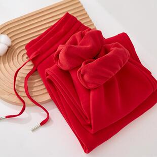 红色本命年卫裤女秋冬加绒加厚2024新款保暖长裤休闲束口运动裤女