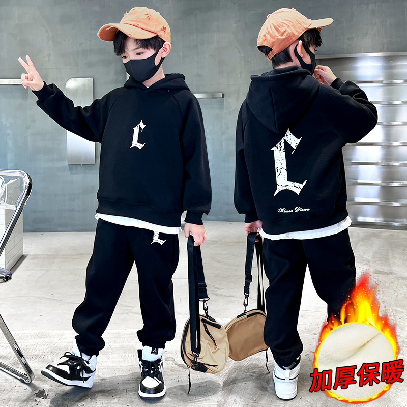 男童卫衣套装秋冬款2023新款一体绒纯棉运动服中大童洋气男孩酷帅
